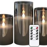 GenSwin Gray Glass Battery Operated Flameless Led Candles with 10-Key Remote and Timer, Real Wax Candles Warm White Flickering Light for Home Decoration(Set of 3)