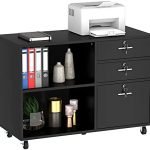 YITAHOME Wood File Cabinet, 3 Drawer Mobile Lateral Filing Cabinet, Storage Cabinet Printer Stand with 2 Open Shelves for Home Office Organization, Black