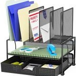 SimpleHouseware Mesh Desk Organizer with Sliding Drawer, Double Tray and 5 Upright Sections, Black