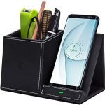 Desk Supplies Organizer, Multi-Functional Pencil Pen Holder with Wireless Charger, Desktop Stationery Organizer, Home Office Supply Storage Box Caddy (Black)